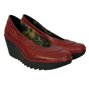 Fly London Yoko Leather Wedge Pump Edgy Platform Slip On Shoe Size EU 38 Red